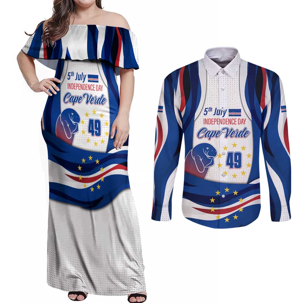 Cape Verde Couples Matching Off Shoulder Maxi Dress and Long Sleeve Button Shirt with Independence Day 5th July Flag Celebration Spirit