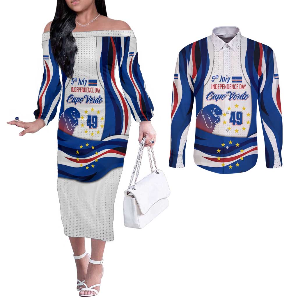 Cape Verde Couples Matching Off The Shoulder Long Sleeve Dress and Long Sleeve Button Shirt with Independence Day 5th July Flag Celebration Spirit