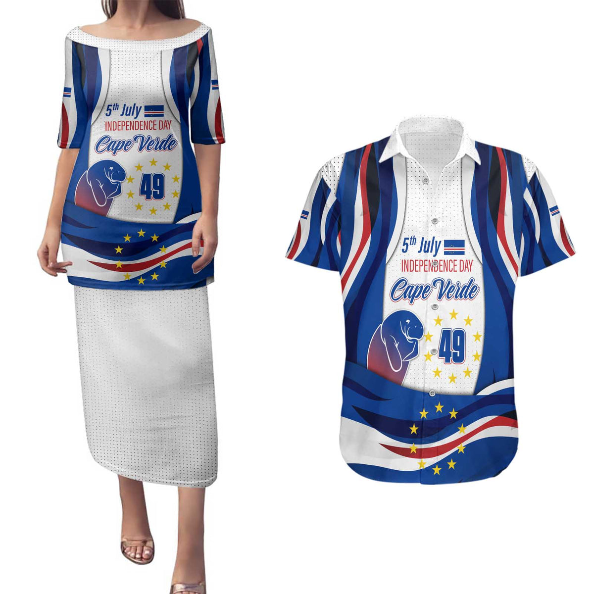 Cape Verde Couples Matching Puletasi and Hawaiian Shirt with Independence Day 5th July Flag Celebration Spirit