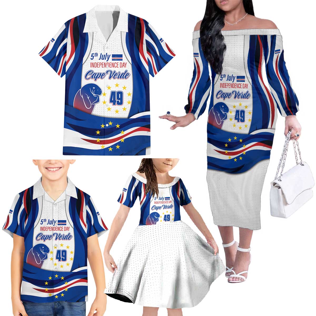 Cape Verde Family Matching Off The Shoulder Long Sleeve Dress and Hawaiian Shirt with Independence Day 5th July Flag Celebration Spirit