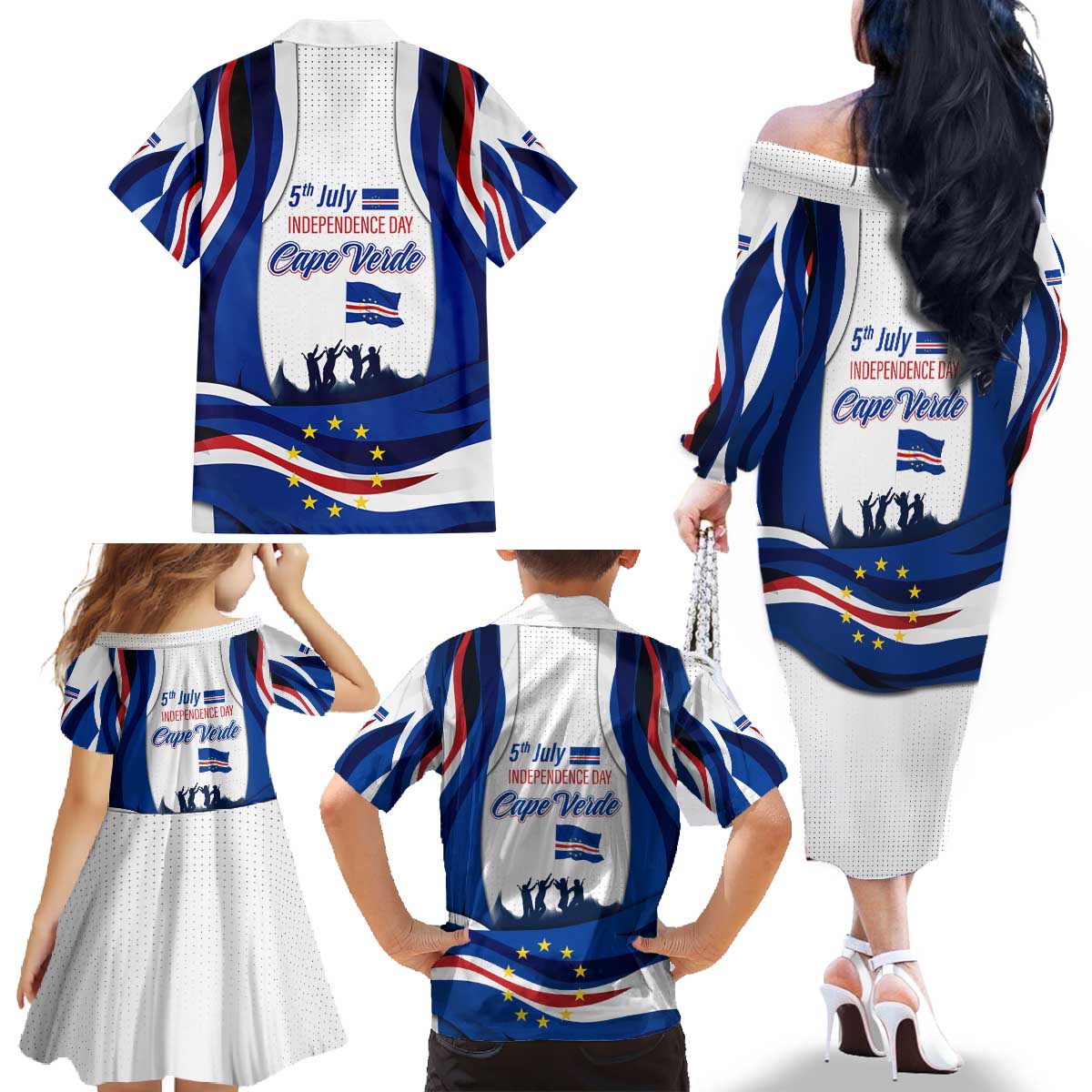 Cape Verde Family Matching Off The Shoulder Long Sleeve Dress and Hawaiian Shirt with Independence Day 5th July Flag Celebration Spirit