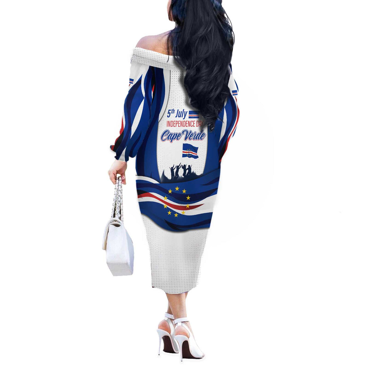Cape Verde Off The Shoulder Long Sleeve Dress with Independence Day 5th July Flag Celebration Spirit