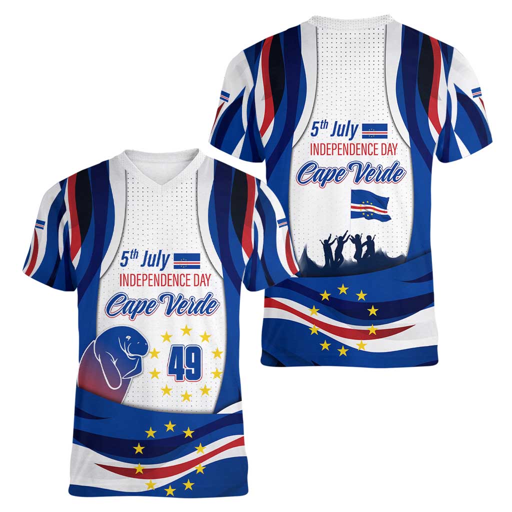 Cape Verde Women V-Neck T-Shirt with Independence Day 5th July Flag Celebration Spirit