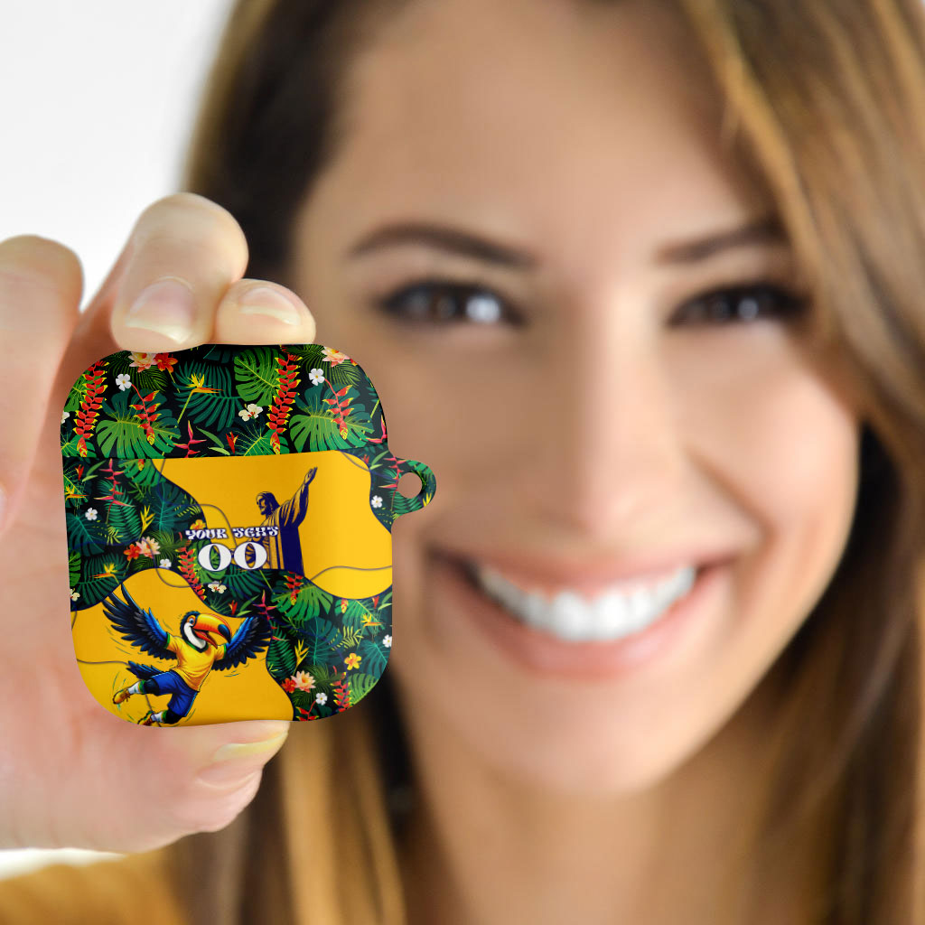 Personalized Brazil Soccer AirPods Case Toucan Football Mascot - Christ the Redeemer - Tropical Floral