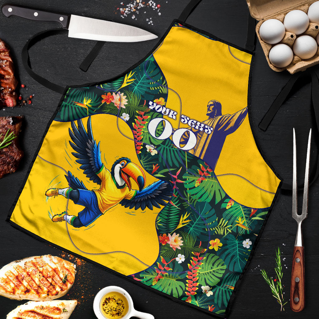 Personalized Brazil Soccer Apron Toucan Football Mascot - Christ the Redeemer - Tropical Floral