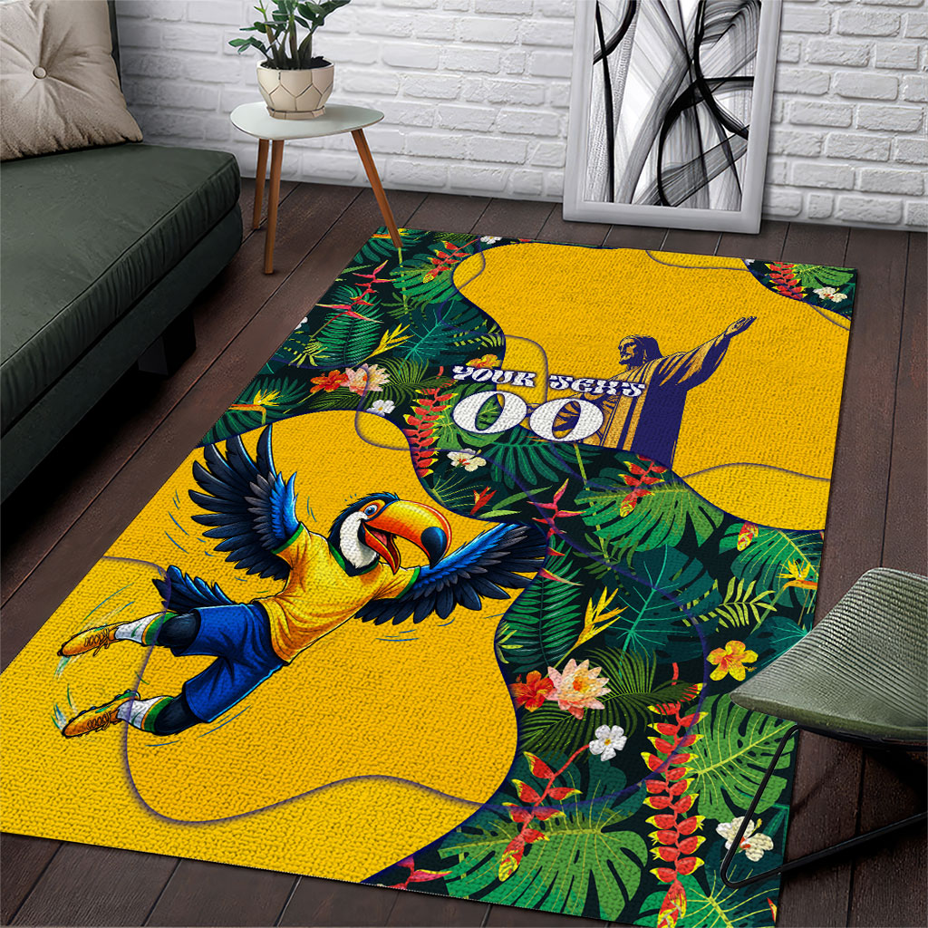 Personalized Brazil Soccer Area Rug Toucan Football Mascot - Christ the Redeemer - Tropical Floral