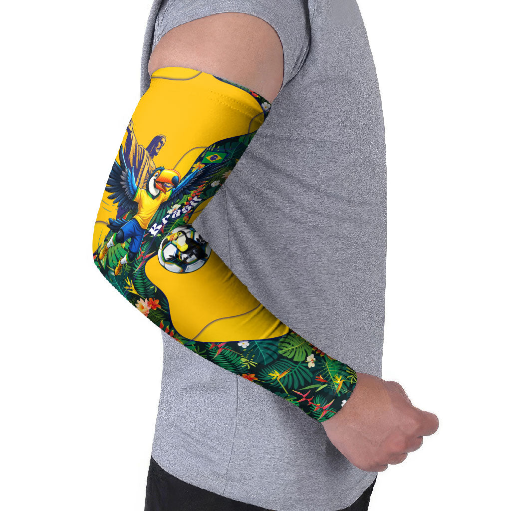 Personalized Brazil Soccer Arm Sleeves Toucan Football Mascot - Christ the Redeemer - Tropical Floral