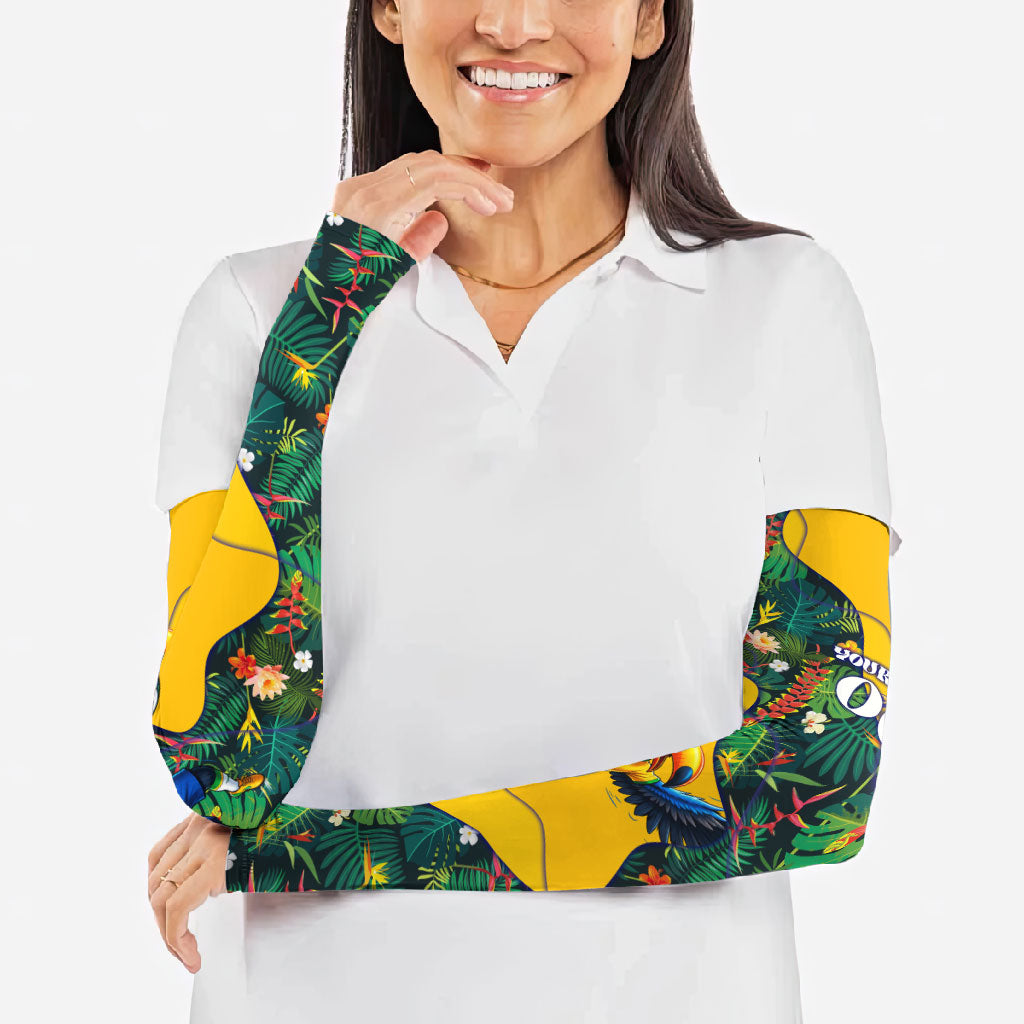 Personalized Brazil Soccer Arm Sleeves Toucan Football Mascot - Christ the Redeemer - Tropical Floral