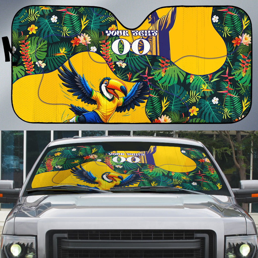 Personalized Brazil Soccer Auto Sun Shade Toucan Football Mascot - Christ the Redeemer - Tropical Floral