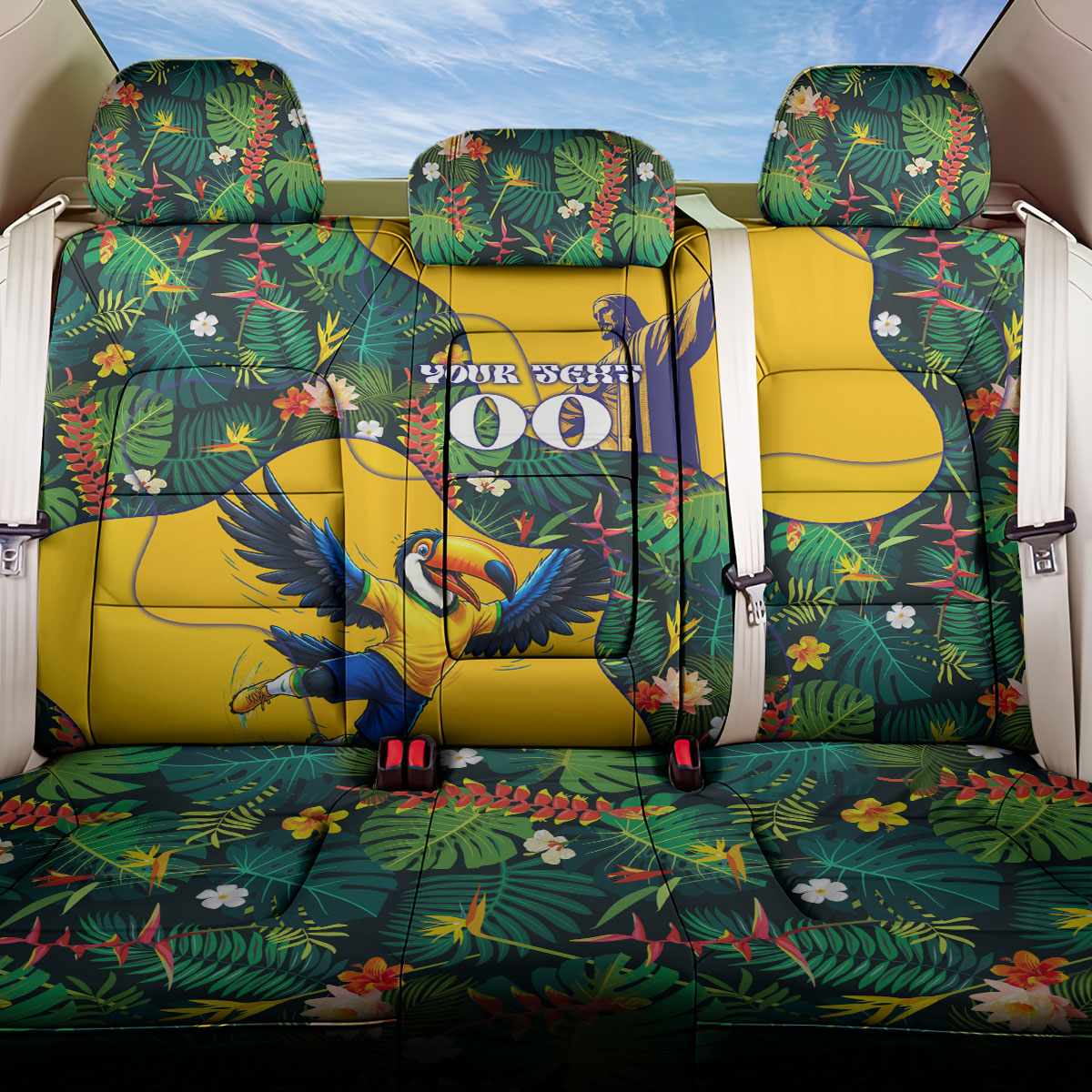 Personalized Brazil Soccer Back Car Seat Cover Toucan Football Mascot - Christ the Redeemer - Tropical Floral
