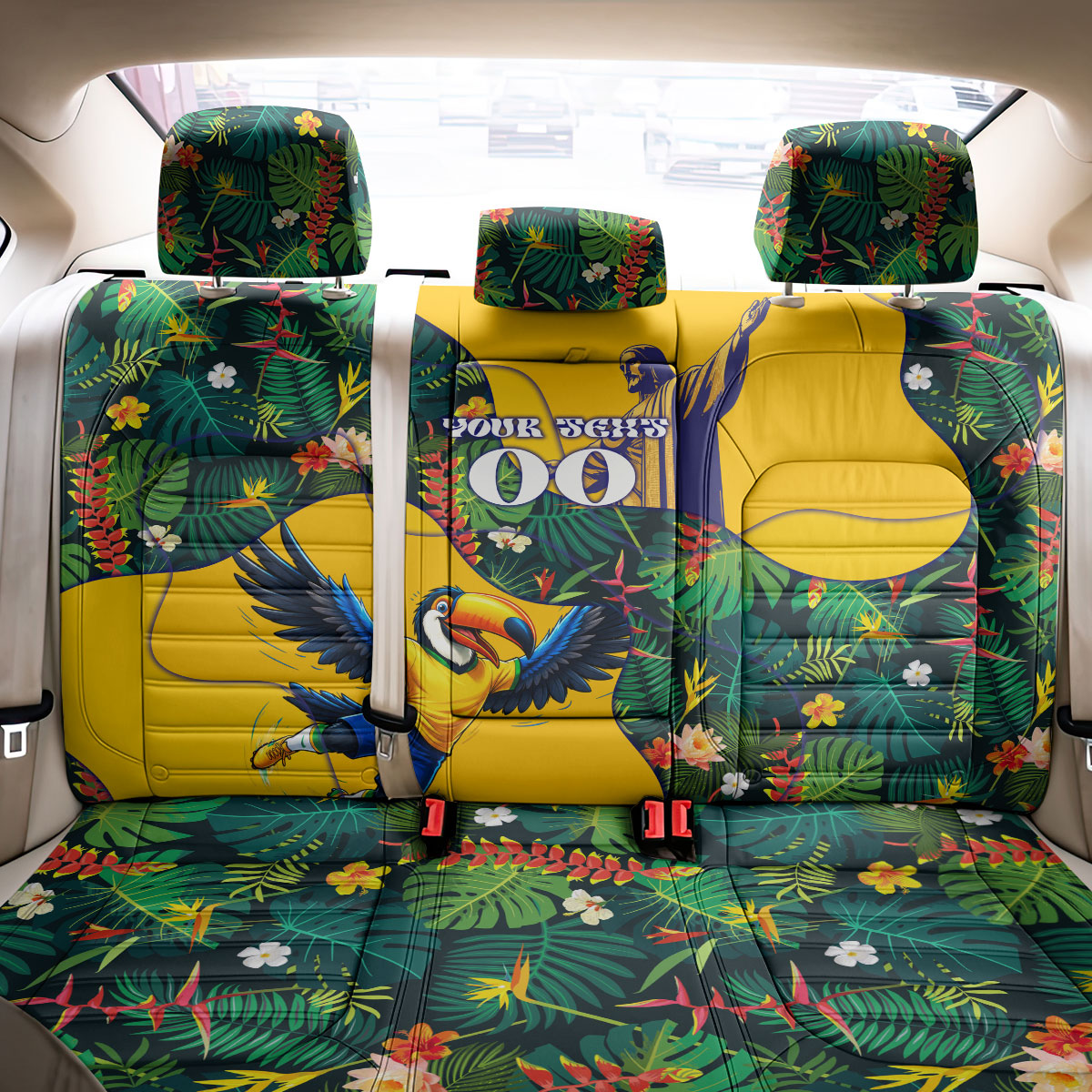 Personalized Brazil Soccer Back Car Seat Cover Toucan Football Mascot - Christ the Redeemer - Tropical Floral