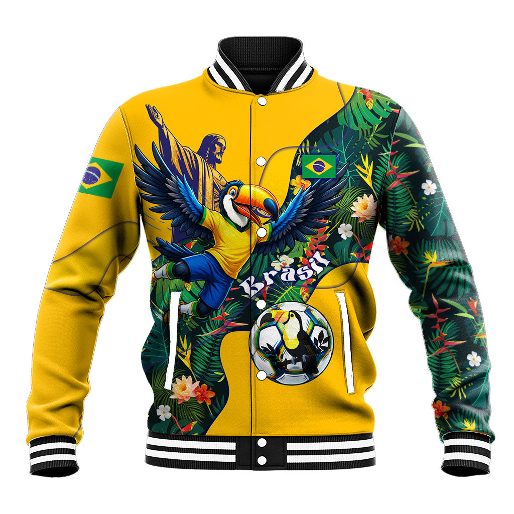 Personalized Brazil Soccer Baseball Jacket Toucan Football Mascot - Christ the Redeemer - Tropical Floral