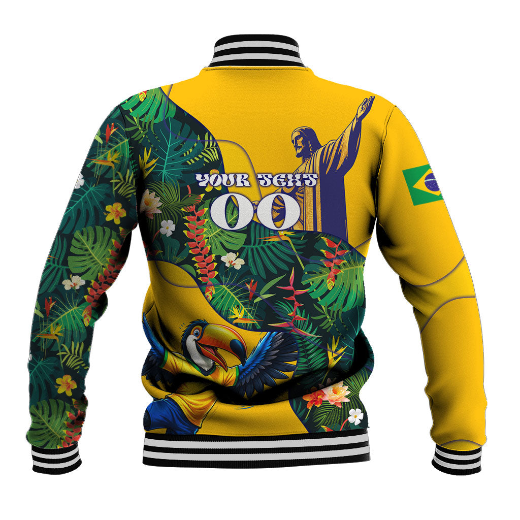 Personalized Brazil Soccer Baseball Jacket Toucan Football Mascot - Christ the Redeemer - Tropical Floral