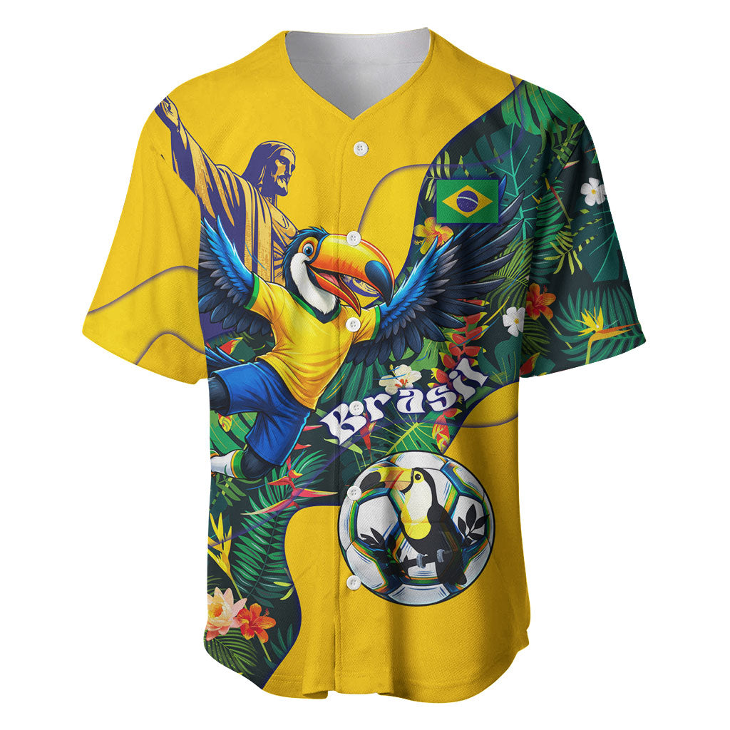 Personalized Brazil Soccer Baseball Jersey Toucan Football Mascot - Christ the Redeemer - Tropical Floral