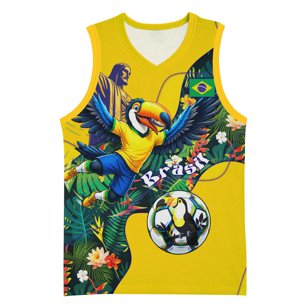 Personalized Brazil Soccer Basketball Jersey Toucan Football Mascot - Christ the Redeemer - Tropical Floral