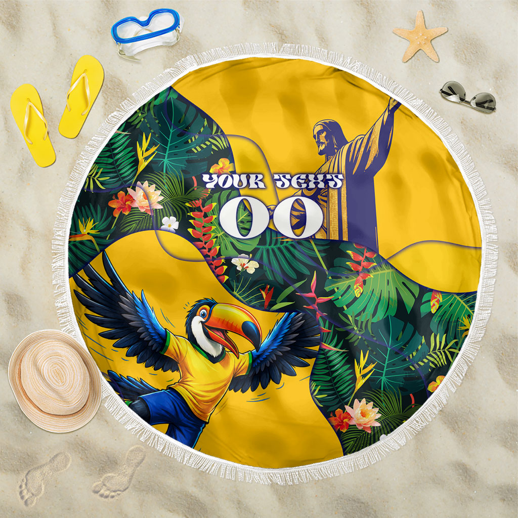 Personalized Brazil Soccer Beach Blanket Toucan Football Mascot - Christ the Redeemer - Tropical Floral