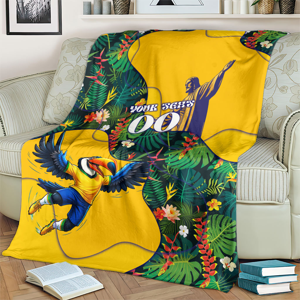 Personalized Brazil Soccer Blanket Toucan Football Mascot - Christ the Redeemer - Tropical Floral