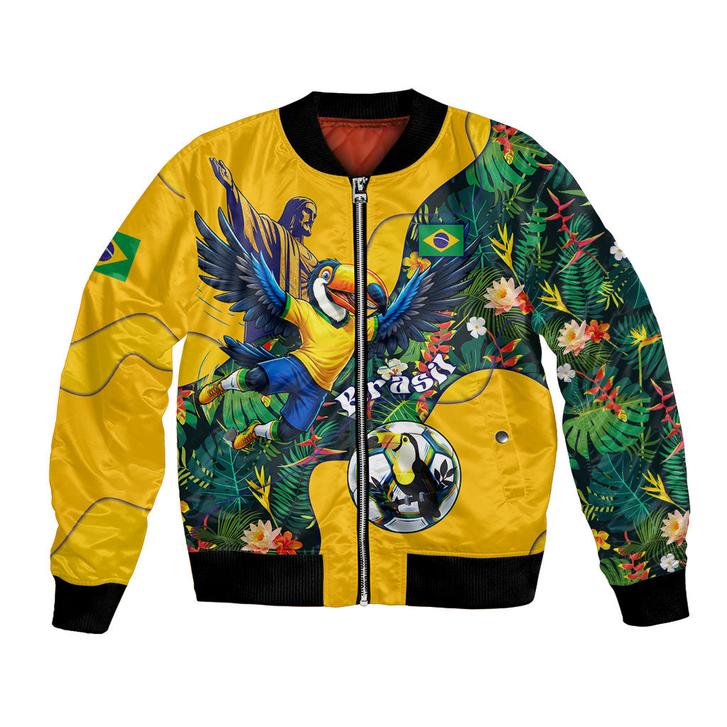 Personalized Brazil Soccer Bomber Jacket Toucan Football Mascot - Christ the Redeemer - Tropical Floral