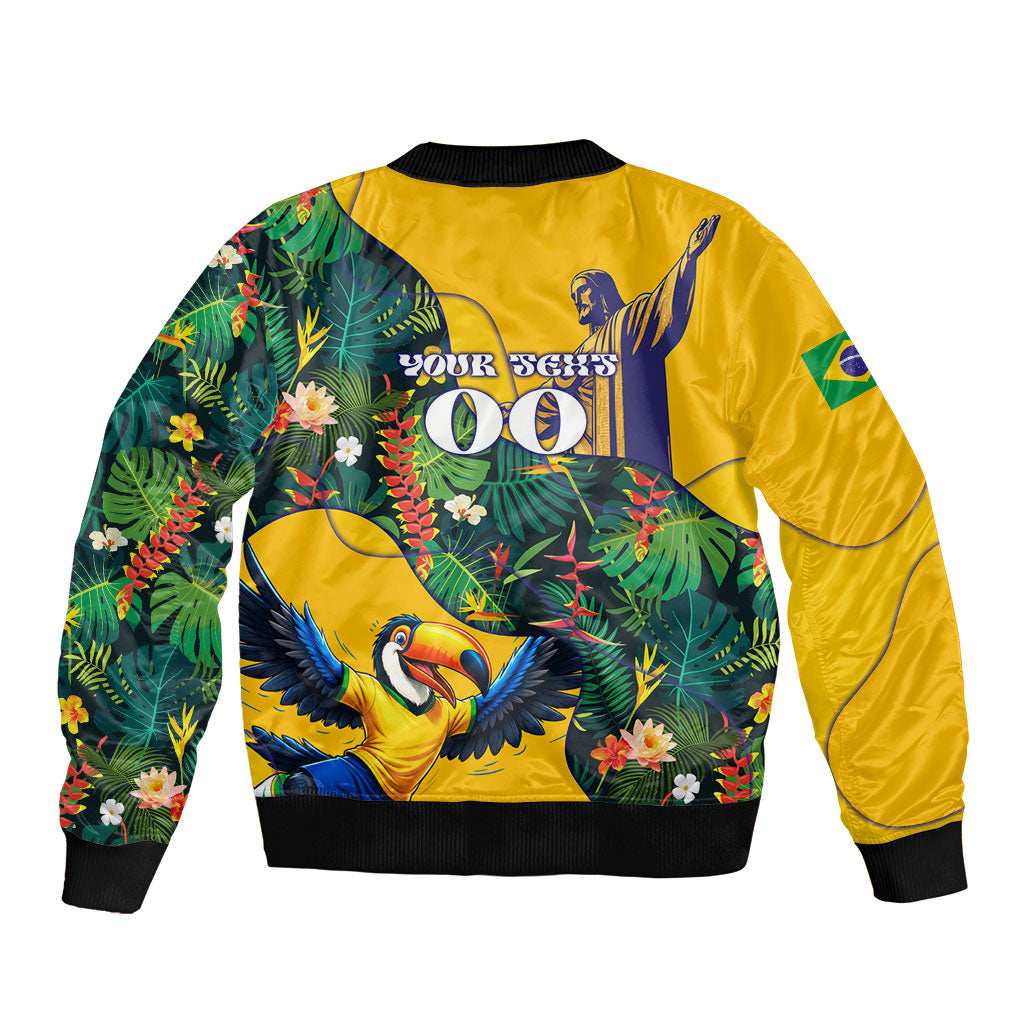 Personalized Brazil Soccer Bomber Jacket Toucan Football Mascot - Christ the Redeemer - Tropical Floral