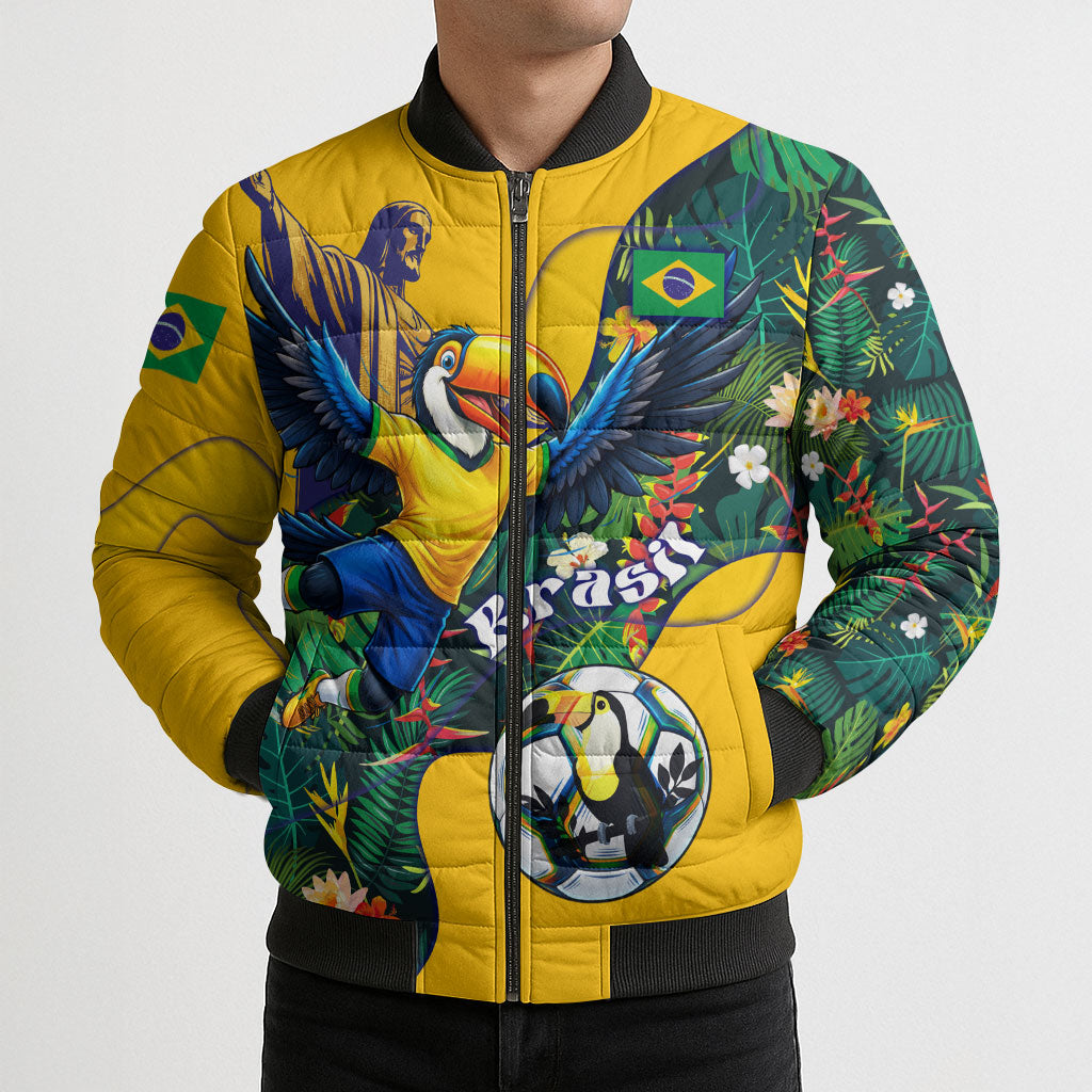 Personalized Brazil Soccer Bomber Puffer Jacket Toucan Football Mascot - Christ the Redeemer - Tropical Floral