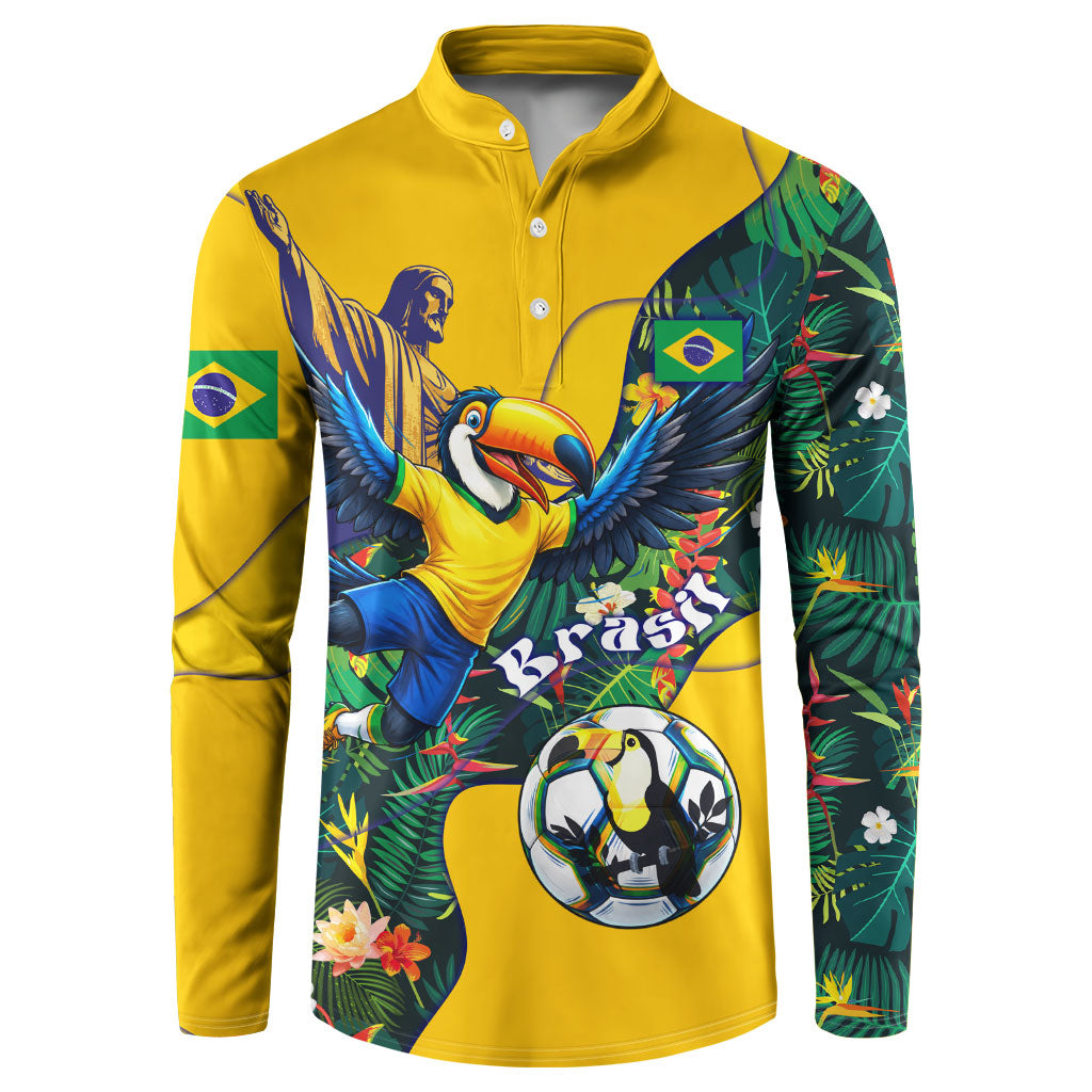 Personalized Brazil Soccer Button Sweatshirt Toucan Football Mascot - Christ the Redeemer - Tropical Floral