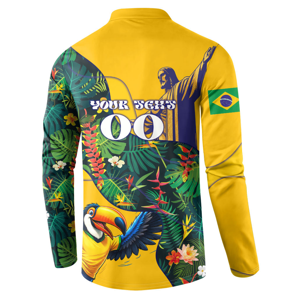 Personalized Brazil Soccer Button Sweatshirt Toucan Football Mascot - Christ the Redeemer - Tropical Floral