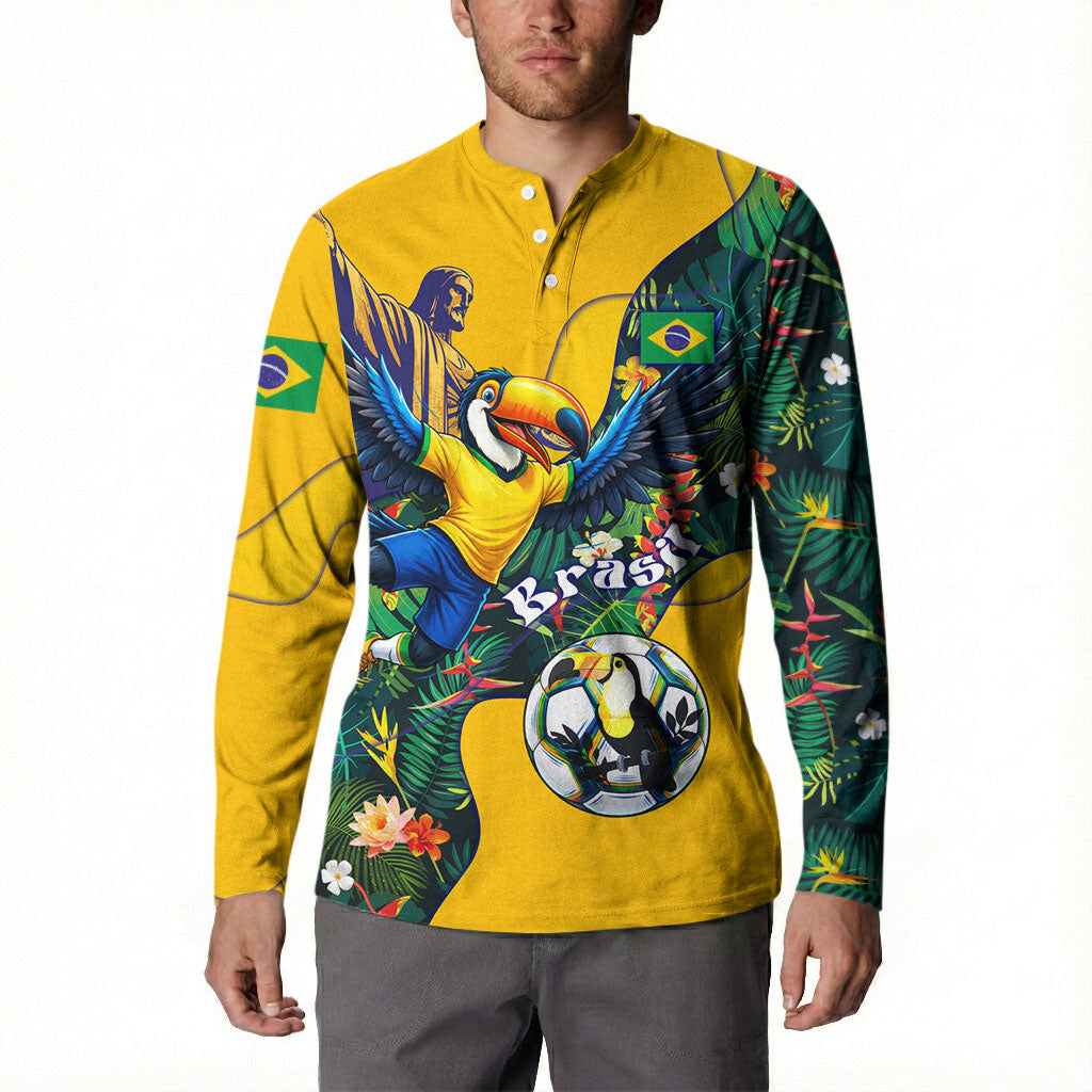 Personalized Brazil Soccer Button Sweatshirt Toucan Football Mascot - Christ the Redeemer - Tropical Floral