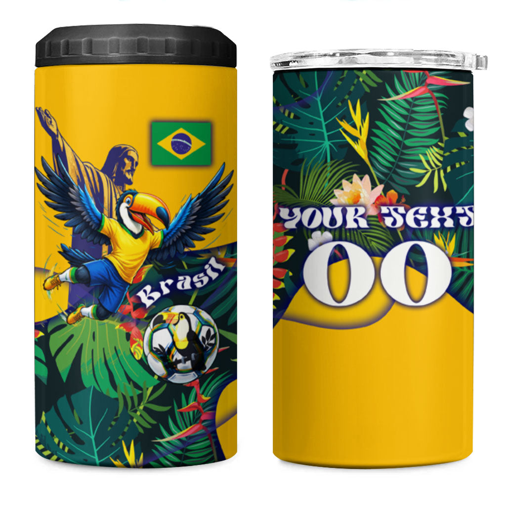 Personalized Brazil Soccer 4 in 1 Can Cooler Tumbler Toucan Football Mascot - Christ the Redeemer - Tropical Floral