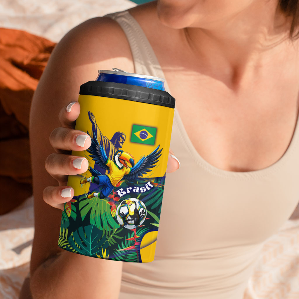 Personalized Brazil Soccer 4 in 1 Can Cooler Tumbler Toucan Football Mascot - Christ the Redeemer - Tropical Floral