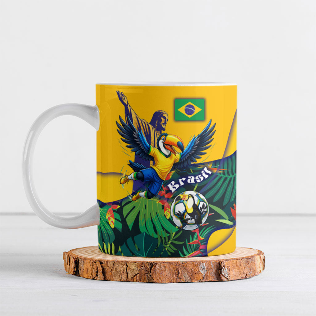 Personalized Brazil Soccer Ceramic Mug Toucan Football Mascot - Christ the Redeemer - Tropical Floral