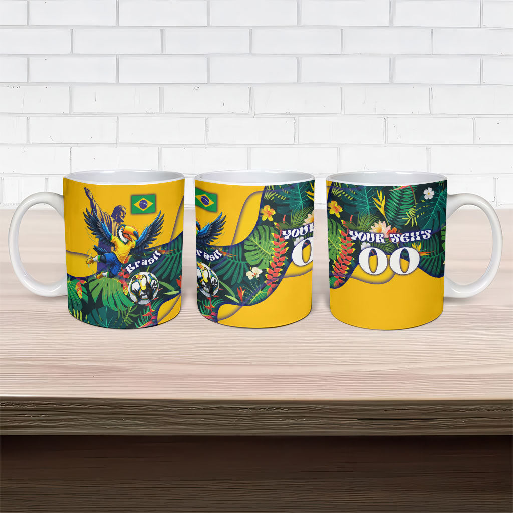 Personalized Brazil Soccer Ceramic Mug Toucan Football Mascot - Christ the Redeemer - Tropical Floral