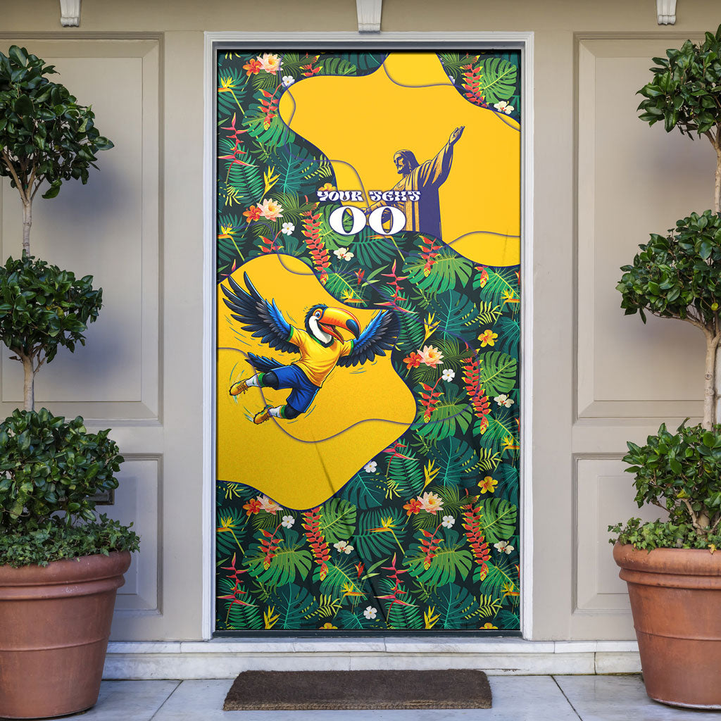 Personalized Brazil Soccer Door Cover Toucan Football Mascot - Christ the Redeemer - Tropical Floral