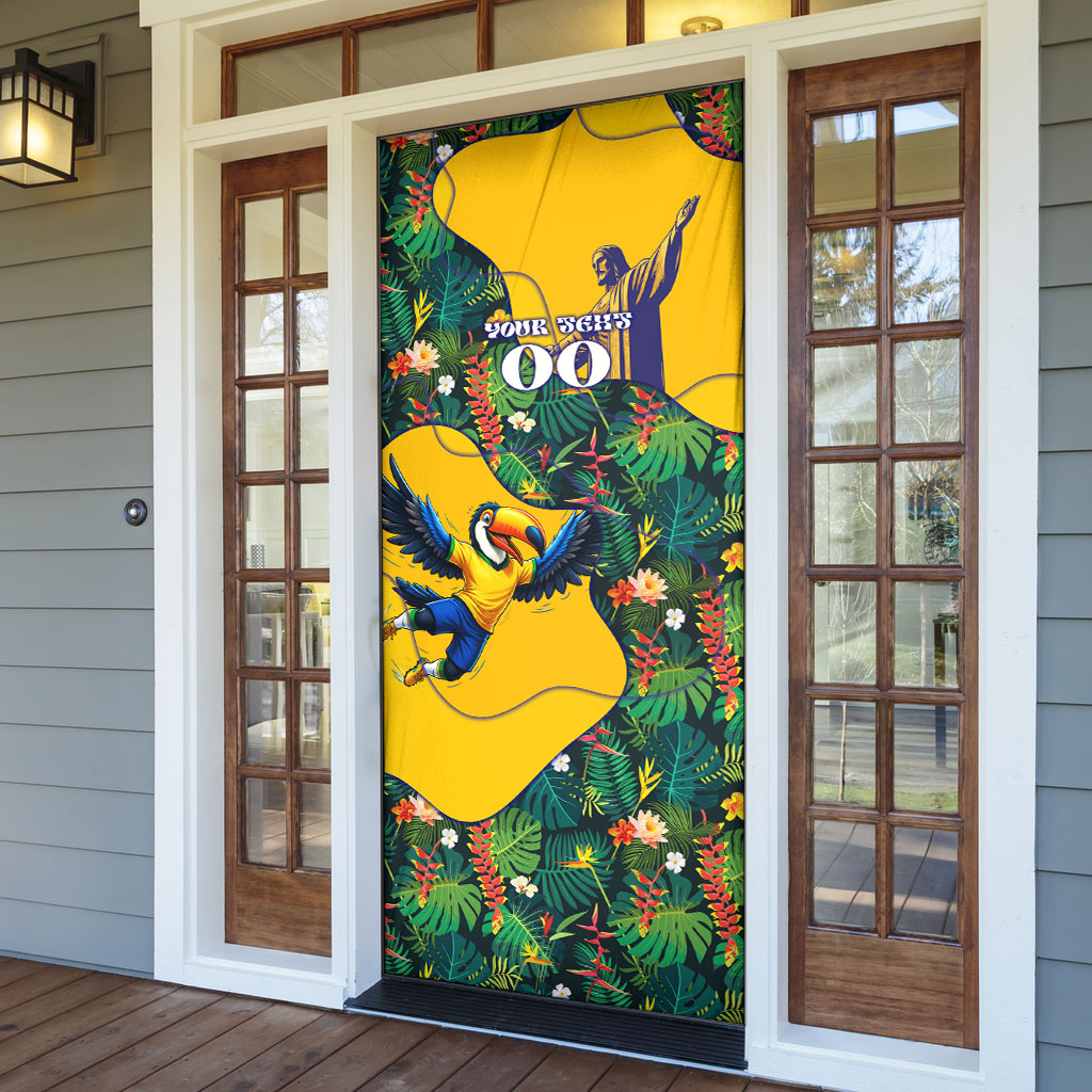 Personalized Brazil Soccer Door Cover Toucan Football Mascot - Christ the Redeemer - Tropical Floral