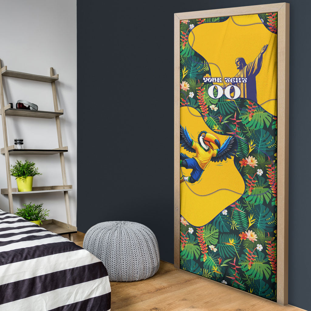 Personalized Brazil Soccer Door Cover Toucan Football Mascot - Christ the Redeemer - Tropical Floral