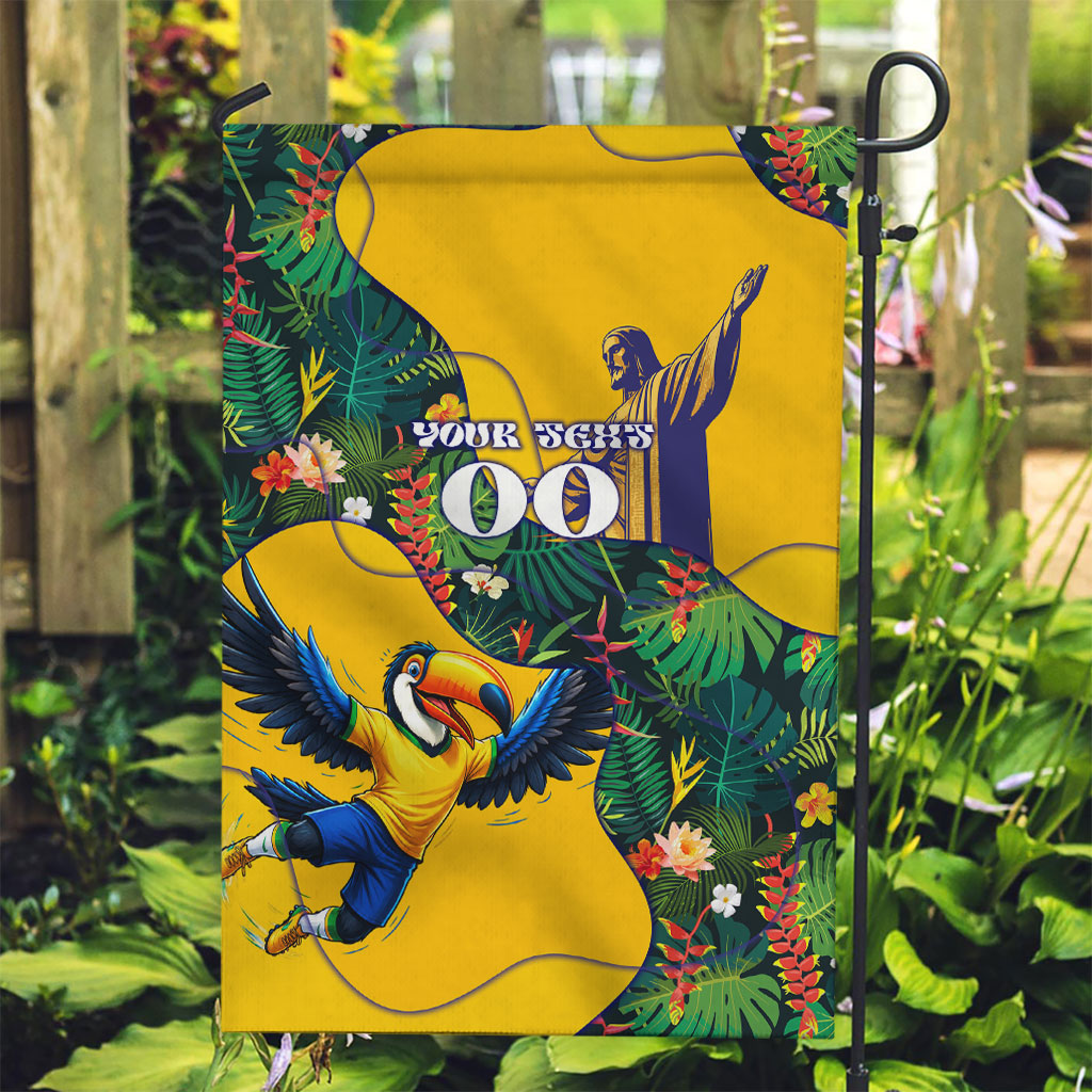 Personalized Brazil Soccer Garden Flag Toucan Football Mascot - Christ the Redeemer - Tropical Floral
