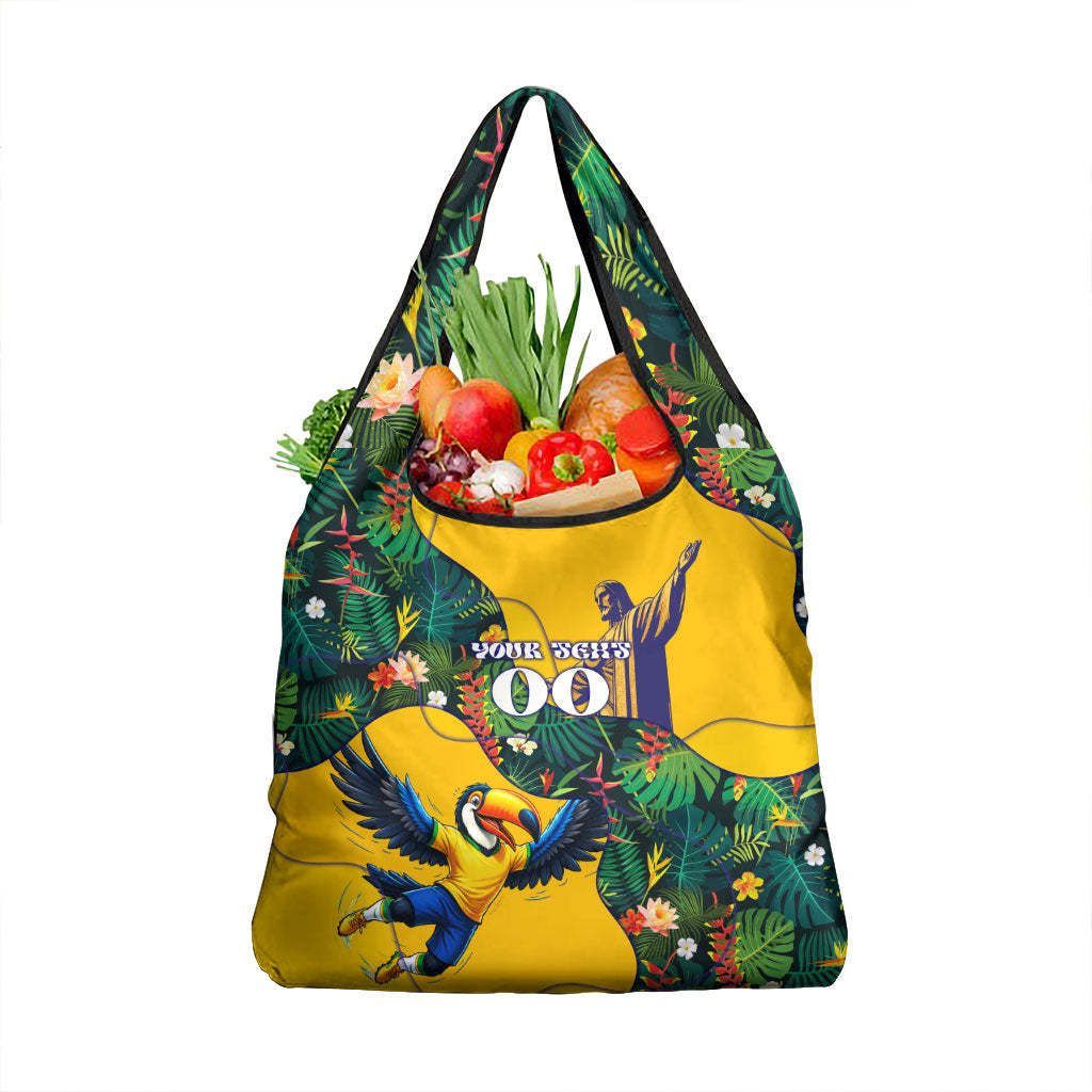 Personalized Brazil Soccer Grocery Bag Toucan Football Mascot - Christ the Redeemer - Tropical Floral