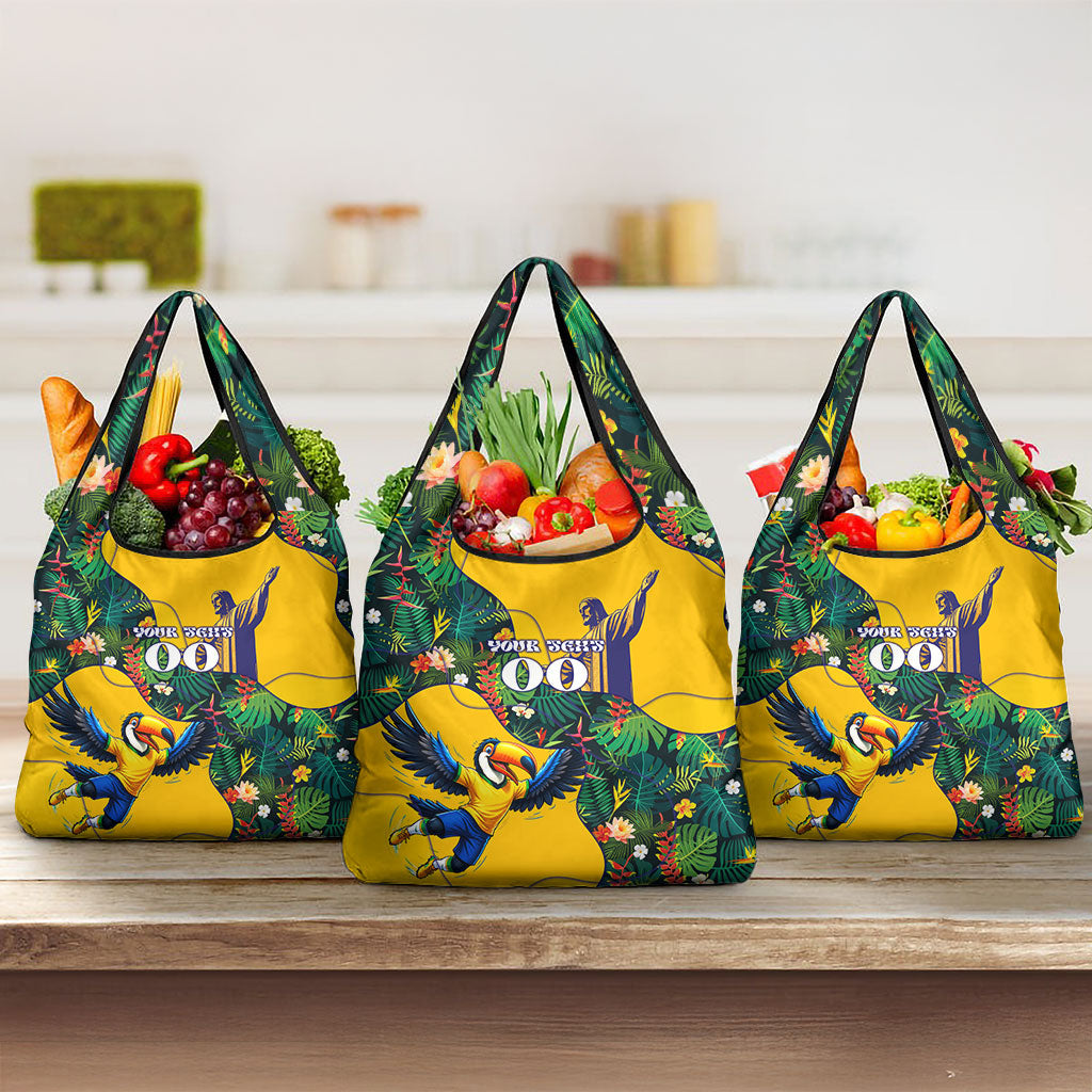 Personalized Brazil Soccer Grocery Bag Toucan Football Mascot - Christ the Redeemer - Tropical Floral
