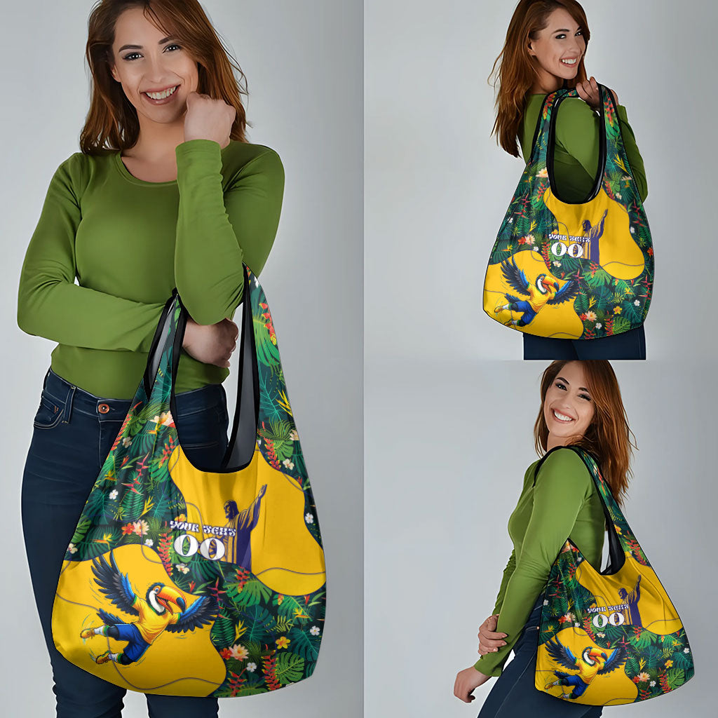 Personalized Brazil Soccer Grocery Bag Toucan Football Mascot - Christ the Redeemer - Tropical Floral