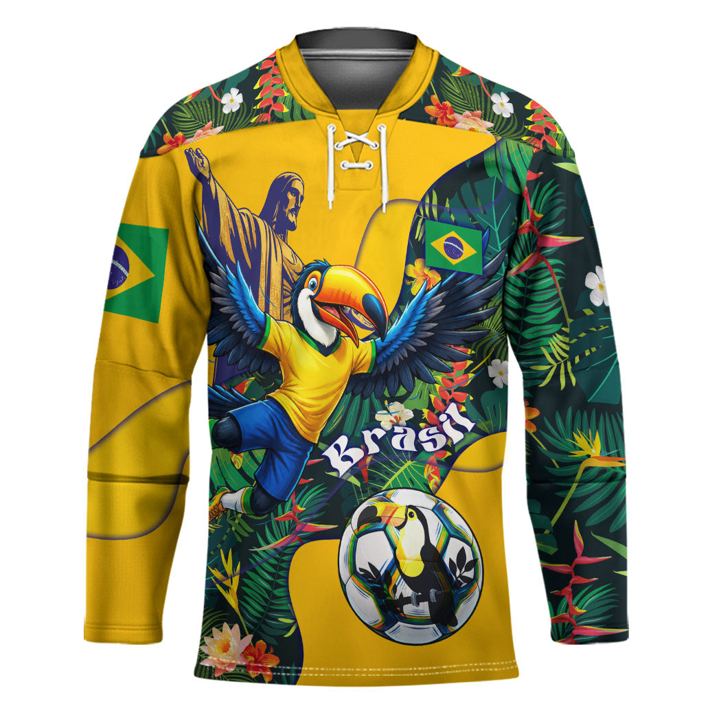 Personalized Brazil Soccer Hockey Jersey Toucan Football Mascot - Christ the Redeemer - Tropical Floral