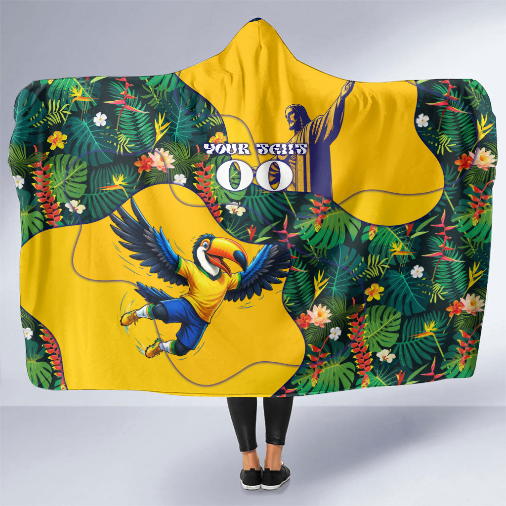 Personalized Brazil Soccer Hooded Blanket Toucan Football Mascot - Christ the Redeemer - Tropical Floral