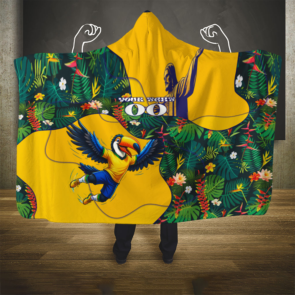 Personalized Brazil Soccer Hooded Blanket Toucan Football Mascot - Christ the Redeemer - Tropical Floral