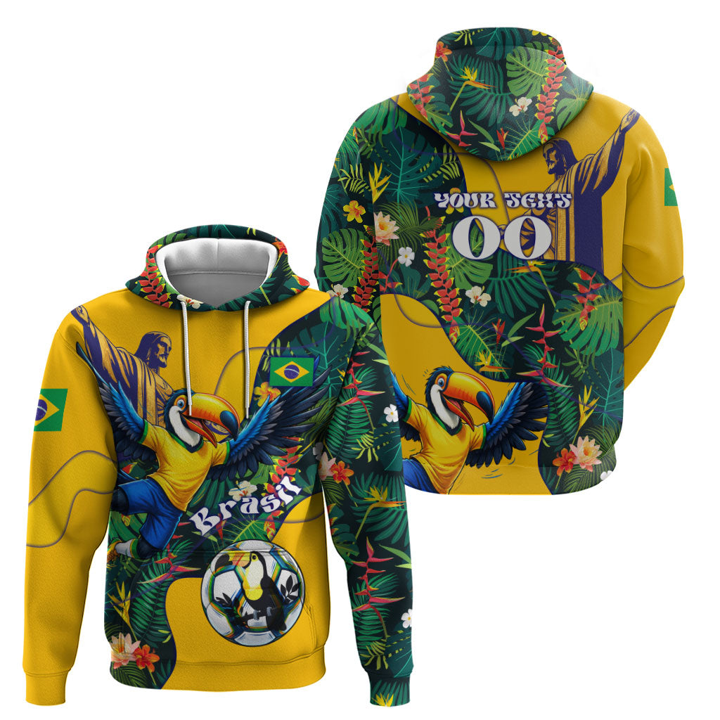 Personalized Brazil Soccer Hoodie Toucan Football Mascot - Christ the Redeemer - Tropical Floral