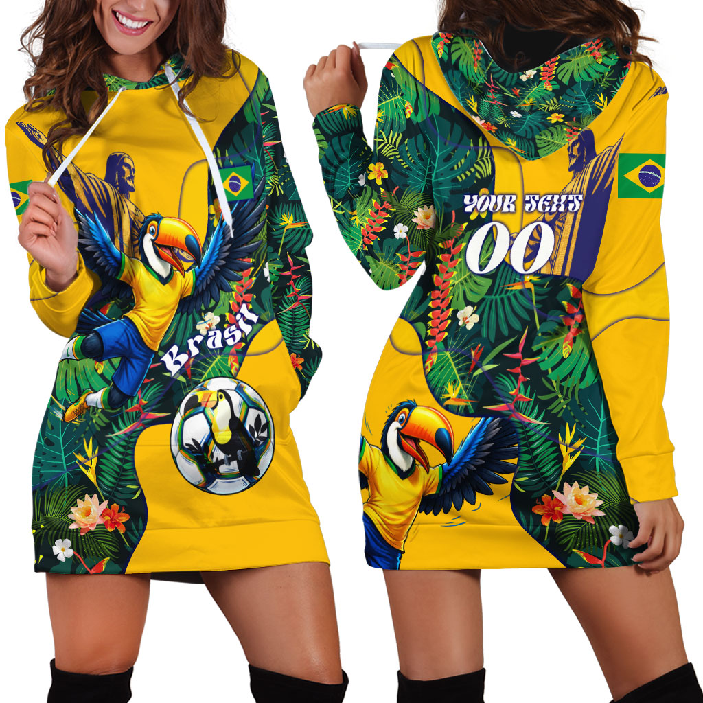 Personalized Brazil Soccer Hoodie Dress Toucan Football Mascot - Christ the Redeemer - Tropical Floral