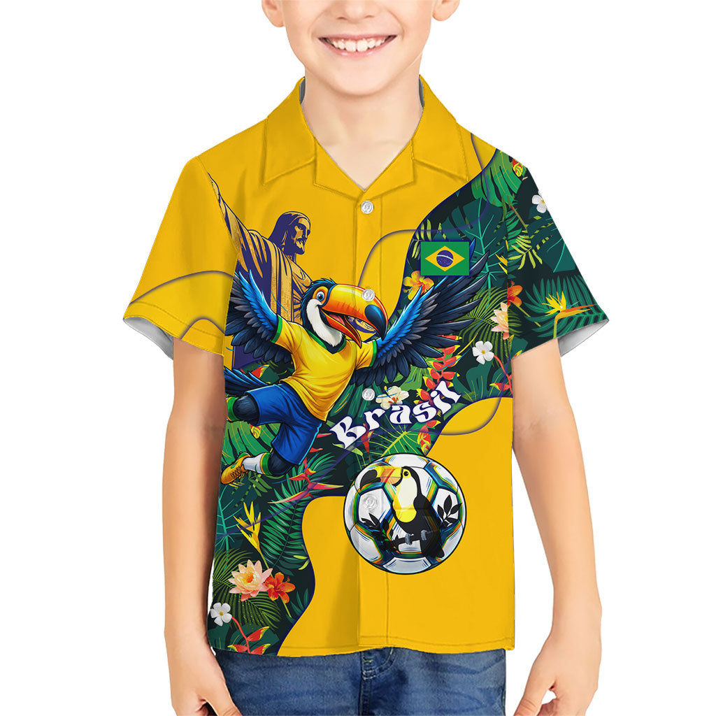 Personalized Brazil Soccer Kid Hawaiian Shirt Toucan Football Mascot - Christ the Redeemer - Tropical Floral