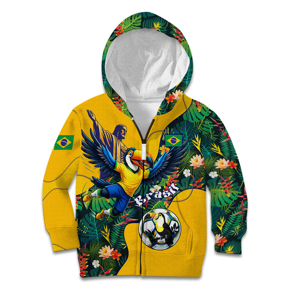 Personalized Brazil Soccer Kid Hoodie Toucan Football Mascot - Christ the Redeemer - Tropical Floral