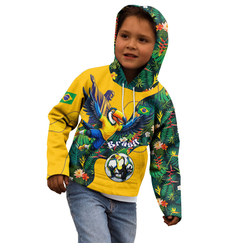 Personalized Brazil Soccer Kid Hoodie Toucan Football Mascot - Christ the Redeemer - Tropical Floral