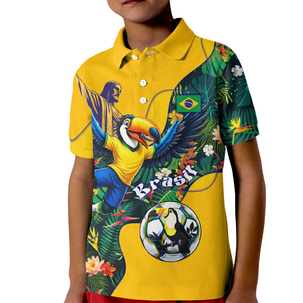 Personalized Brazil Soccer Kid Polo Shirt Toucan Football Mascot - Christ the Redeemer - Tropical Floral