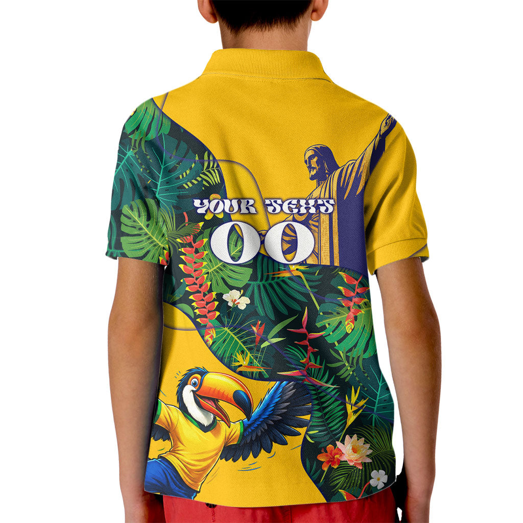Personalized Brazil Soccer Kid Polo Shirt Toucan Football Mascot - Christ the Redeemer - Tropical Floral