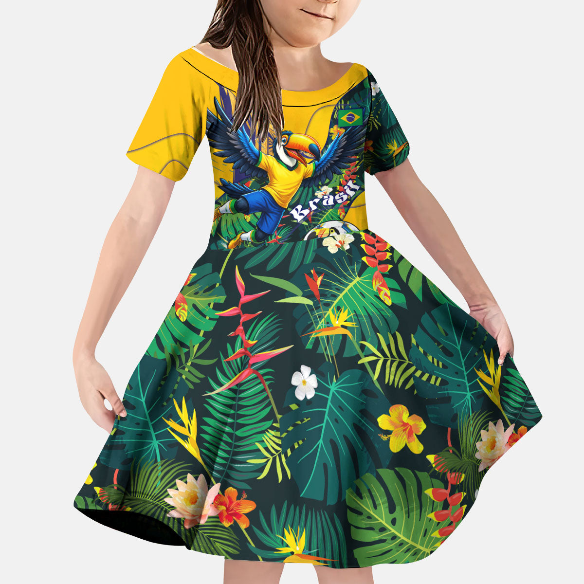 Personalized Brazil Soccer Kid Short Sleeve Dress Toucan Football Mascot - Christ the Redeemer - Tropical Floral