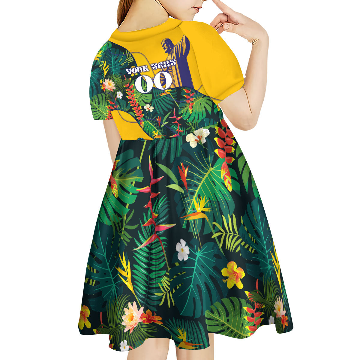 Personalized Brazil Soccer Kid Short Sleeve Dress Toucan Football Mascot - Christ the Redeemer - Tropical Floral